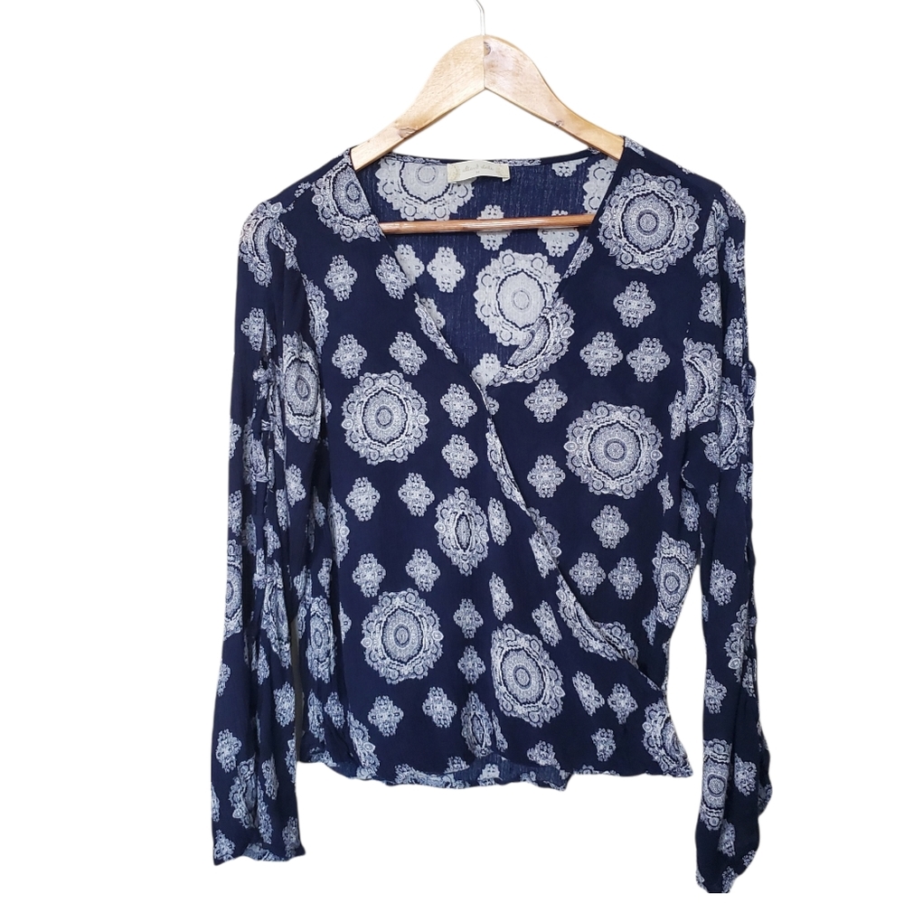 Altar'd State Medallion Faux Wrap Boho Top with Laced Sleeve in Navy.